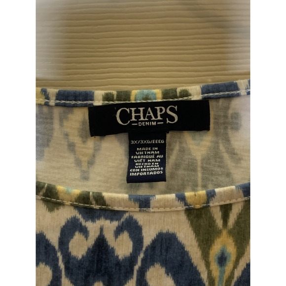Chaps Denim Top Women 3X Blue Green Ikat Damask Print Short Sleeve EUC - Picture 3 of 4